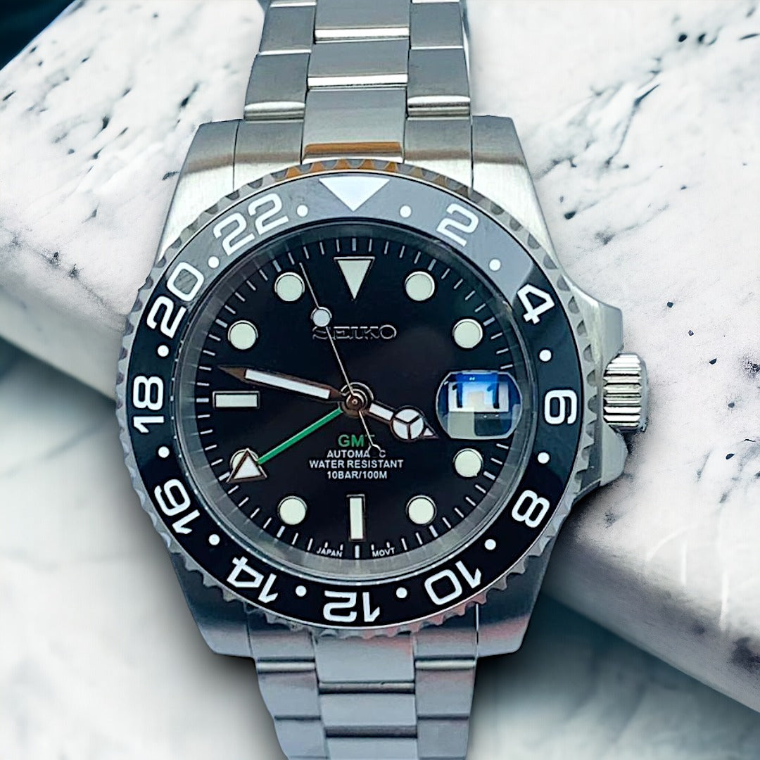 Custom Seiko Black Green GMT Benz Date Mod