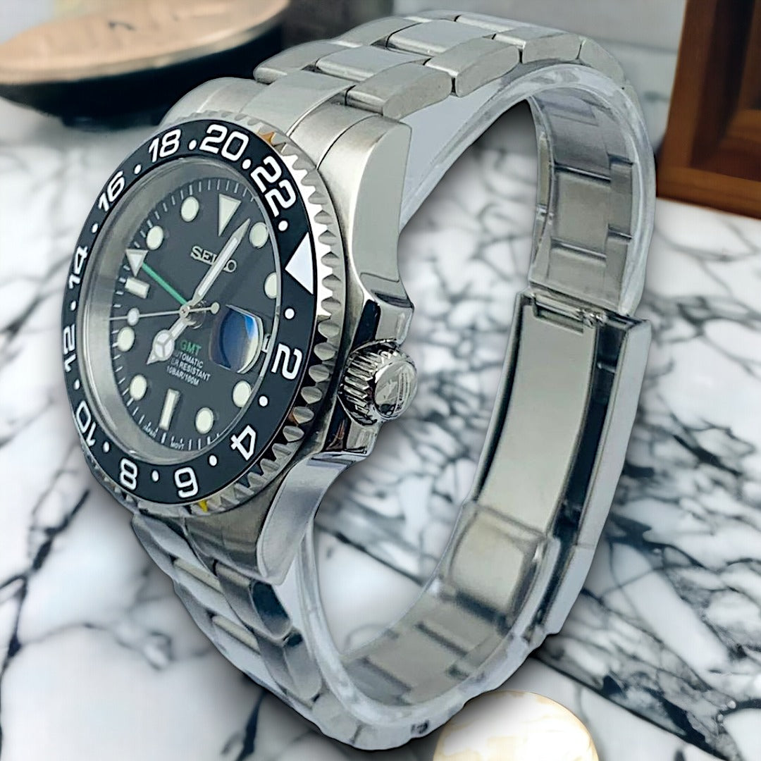 Custom Seiko Black Green GMT Benz Date Mod