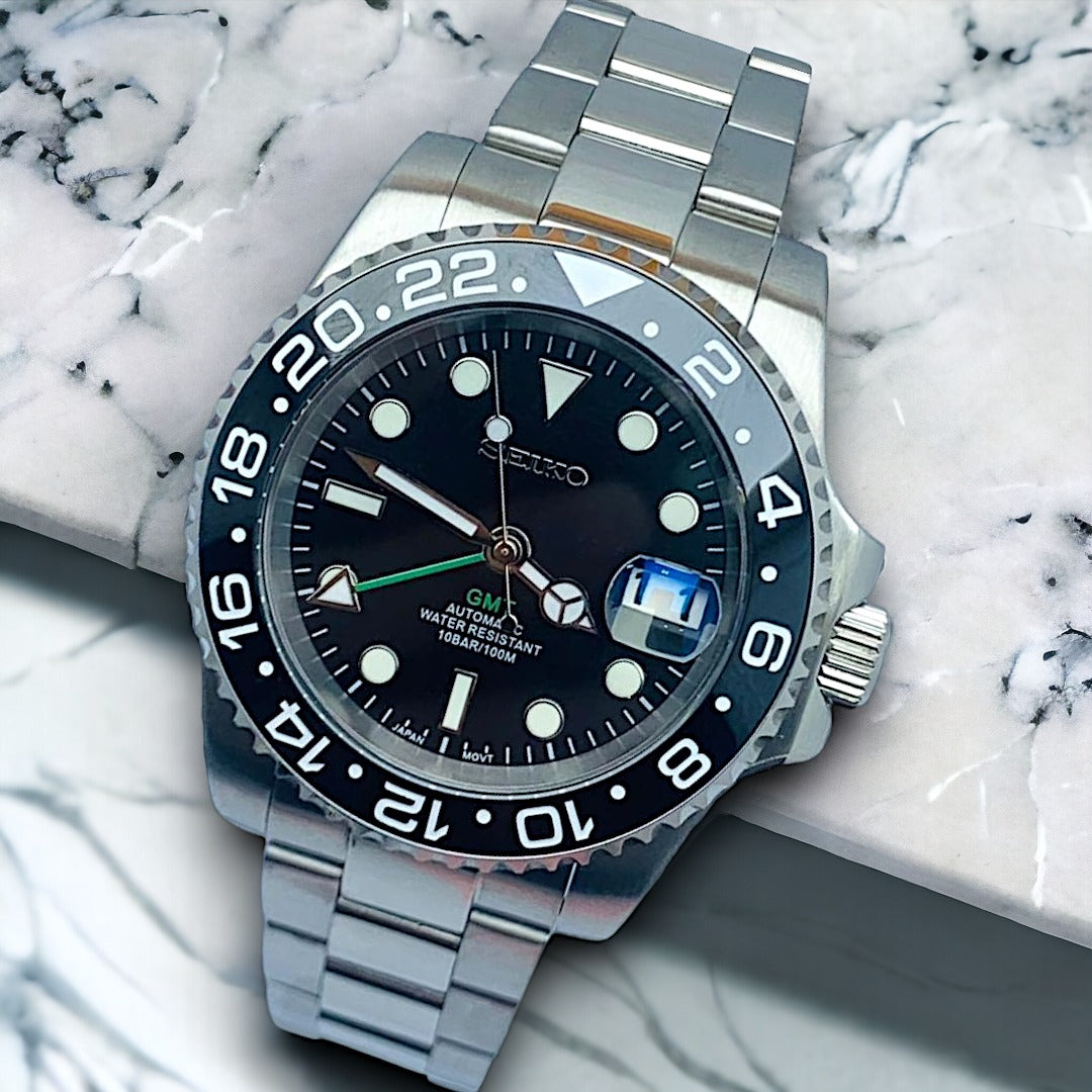 Custom Seiko Black Green GMT Benz Date Mod